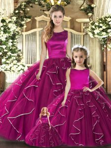 Top Selling Scoop Sleeveless Quince Ball Gowns Floor Length Ruffles Fuchsia Tulle