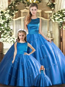 Fabulous Blue Ball Gowns Scoop Sleeveless Tulle Floor Length Lace Up Appliques Quince Ball Gowns