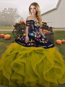 Olive Green Ball Gowns Tulle Off The Shoulder Sleeveless Embroidery and Ruffles Floor Length Lace Up Sweet 16 Quinceanera Dress