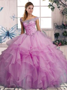 Off The Shoulder Sleeveless Lace Up Sweet 16 Dresses Lilac Organza