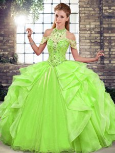 Ball Gowns Organza Halter Top Sleeveless Beading and Ruffles Floor Length Lace Up Quinceanera Dresses