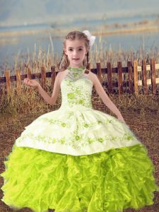 Floor Length Lace Up Little Girls Pageant Dress Yellow Green for Wedding Party with Beading and Embroidery and Ruffles