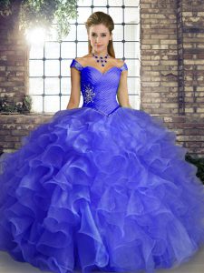 Inexpensive Floor Length Blue Quinceanera Dresses Organza Sleeveless Beading and Ruffles