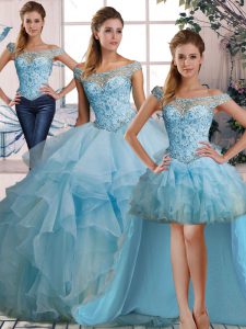 Flare Light Blue Sleeveless Beading and Ruffles Floor Length Quinceanera Gown