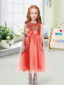 Organza Scoop Sleeveless Zipper Sequins and Hand Made Flower Little Girl Pageant Dress in Watermelon Red