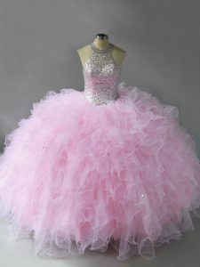 Fine Pink Sleeveless Tulle Lace Up Vestidos de Quinceanera for Military Ball and Sweet 16 and Quinceanera