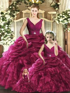 Classical Burgundy V-neck Neckline Ruffles 15th Birthday Dress Sleeveless Backless