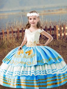 Baby Blue Ball Gowns Satin Off The Shoulder Sleeveless Embroidery Floor Length Lace Up Child Pageant Dress