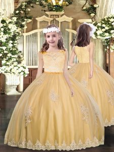 High Class Gold Ball Gowns Appliques Little Girls Pageant Dress Wholesale Zipper Tulle Sleeveless Floor Length