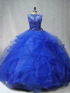 Royal Blue Sweet 16 Dress Sweet 16 and Quinceanera with Beading and Ruffles Scoop Sleeveless Brush Train Lace Up