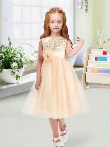 Perfect Champagne Scoop Zipper Sequins and Hand Made Flower Pageant Gowns For Girls Sleeveless