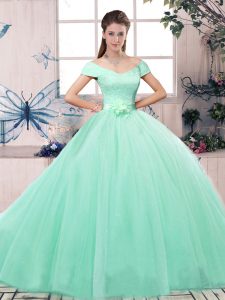 Custom Designed Apple Green Ball Gowns Off The Shoulder Short Sleeves Tulle Floor Length Lace Up Lace and Hand Made Flower Vestidos de Quinceanera