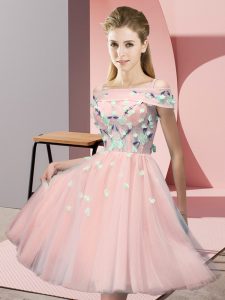 Off The Shoulder Short Sleeves Lace Up Dama Dress for Quinceanera Pink Tulle
