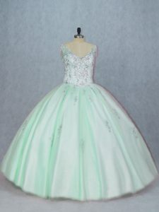 V-neck Sleeveless 15 Quinceanera Dress Floor Length Beading and Appliques Apple Green Tulle
