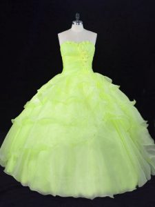 Wonderful Yellow Green Lace Up Sweetheart Ruffles and Hand Made Flower Quinceanera Dresses Organza Sleeveless