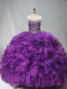 Fashionable Sweetheart Sleeveless Brush Train Lace Up Ball Gown Prom Dress Purple Organza