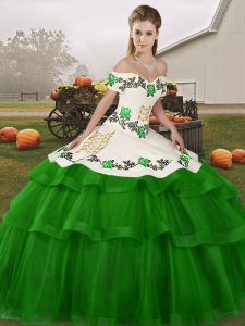 Green Lace Up Off The Shoulder Embroidery and Ruffled Layers Quinceanera Dresses Tulle Sleeveless Brush Train