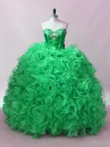 Green Sleeveless Fabric With Rolling Flowers Lace Up 15 Quinceanera Dress for Sweet 16 and Quinceanera