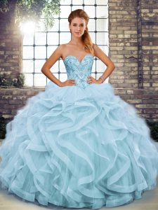 Superior Beading and Ruffles Quinceanera Dresses Light Blue Lace Up Sleeveless Floor Length