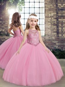 Customized Lilac Ball Gowns Beading Pageant Gowns For Girls Lace Up Taffeta Sleeveless Floor Length