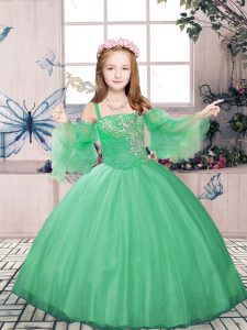 Enchanting Straps Sleeveless Pageant Gowns For Girls Floor Length Beading Green Tulle