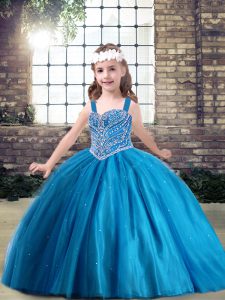 Gorgeous Blue Straps Lace Up Beading Pageant Dress for Teens Sleeveless