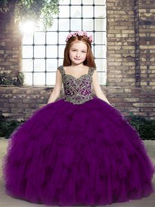 Latest Purple Little Girls Pageant Gowns Party and Military Ball and Wedding Party with Beading and Ruffles Straps Sleeveless Lace Up