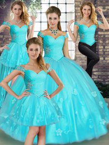 Artistic Floor Length Aqua Blue Quince Ball Gowns Off The Shoulder Sleeveless Lace Up