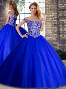 Most Popular Royal Blue Tulle Lace Up Off The Shoulder Sleeveless Ball Gown Prom Dress Brush Train Beading