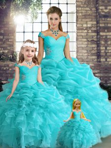 Chic Ball Gowns Sweet 16 Quinceanera Dress Aqua Blue Off The Shoulder Organza Sleeveless Floor Length Lace Up