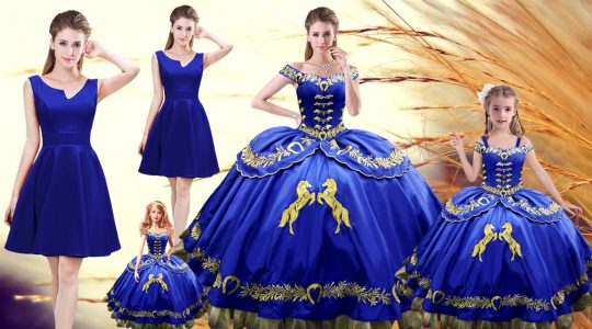 Decent Sleeveless Satin Floor Length Lace Up Sweet 16 Dresses in Royal Blue with Embroidery