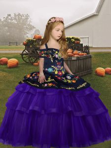 Straps Sleeveless Lace Up Kids Formal Wear Purple Organza and Tulle