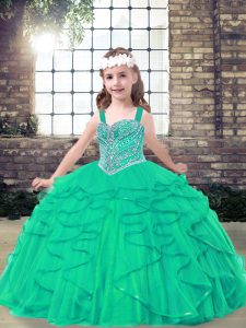 Fantastic Sleeveless Tulle Floor Length Lace Up Girls Pageant Dresses in Turquoise with Beading