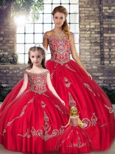 Fantastic Red Lace Up Off The Shoulder Beading and Embroidery Quinceanera Gown Tulle Sleeveless