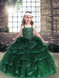 Green Tulle Lace Up Straps Sleeveless Floor Length Kids Pageant Dress Beading and Ruffles