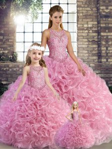 Pretty Rose Pink Sleeveless Floor Length Beading Lace Up Sweet 16 Dresses