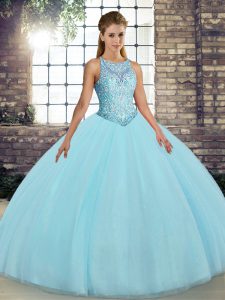 Lovely Aqua Blue Tulle Lace Up Vestidos de Quinceanera Sleeveless Floor Length Embroidery