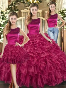 Chic Floor Length Three Pieces Sleeveless Fuchsia 15th Birthday Dress Lace Up