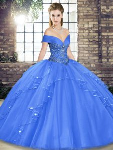 On Sale Floor Length Blue Vestidos de Quinceanera Tulle Sleeveless Beading and Ruffles