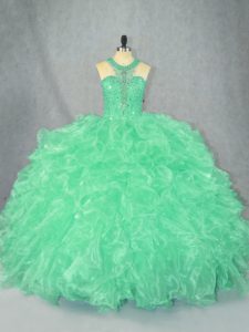 Fitting Floor Length Apple Green 15 Quinceanera Dress Organza Sleeveless Beading and Ruffles