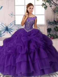 Purple Quince Ball Gowns Military Ball and Sweet 16 and Quinceanera with Beading and Pick Ups Scoop Sleeveless Brush Train Zipper