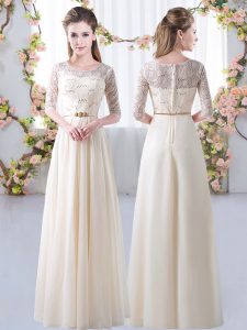 Fantastic Scoop Half Sleeves Court Dresses for Sweet 16 Floor Length Lace and Belt Champagne Chiffon