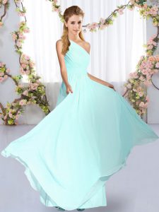 Custom Designed Blue Lace Up One Shoulder Ruching Dama Dress Chiffon Sleeveless