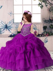 Purple Sleeveless Floor Length Beading and Pick Ups Zipper Child Pageant Dress