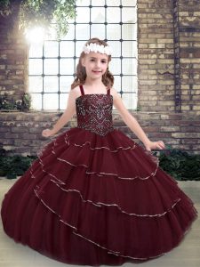 Hot Selling Burgundy Straps Neckline Beading and Ruffled Layers Little Girls Pageant Gowns Sleeveless Lace Up