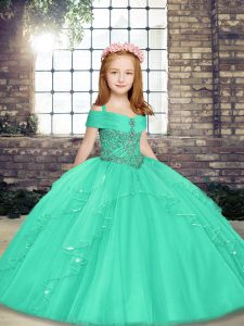Floor Length Lace Up Girls Pageant Dresses Aqua Blue for Party and Wedding Party with Beading