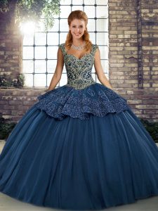 Sophisticated Navy Blue Straps Neckline Beading and Appliques Vestidos de Quinceanera Sleeveless Lace Up