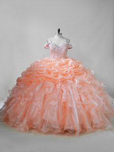 Free and Easy Orange Organza Lace Up Sweet 16 Dresses Sleeveless Brush Train Beading and Ruffles and Pick Ups