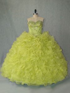 Sleeveless Organza Brush Train Lace Up 15th Birthday Dress in Yellow Green with Beading and Ruffles