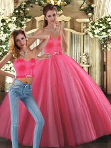 Attractive Coral Red Tulle Lace Up Sweetheart Sleeveless Floor Length Quince Ball Gowns Beading